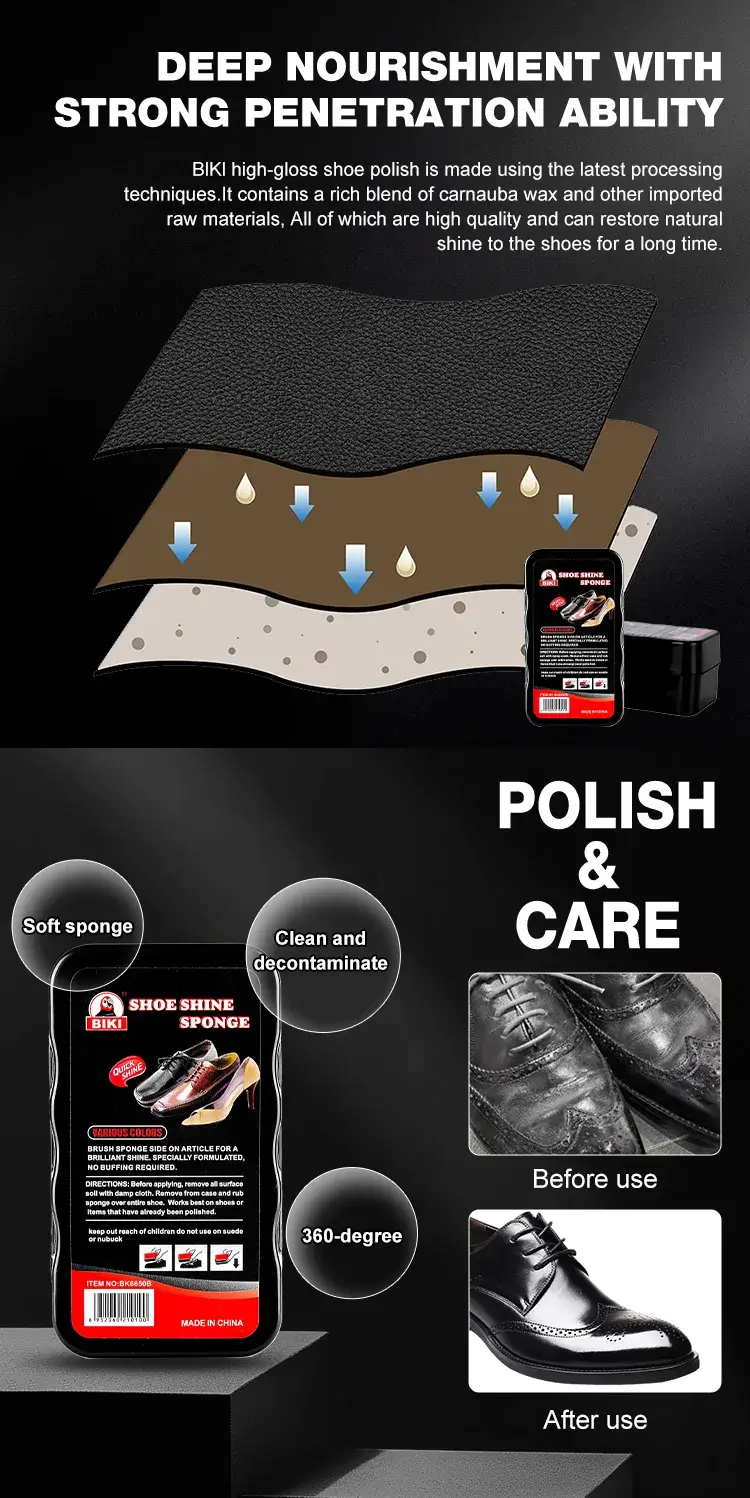 Advanced high-gloss technology formula within BIKI BK6650B shoe shine sponge provides 360-degree dirt removal and long-lasting shine.