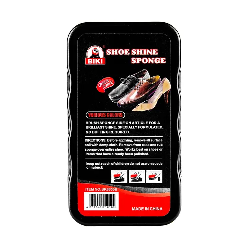 Biki BK6650B shoe shine sponge with an ergonomic black hard shell casing designed for a comfortable grip.