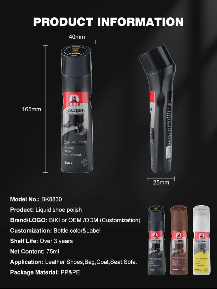 Export packaging dimensions and bulk production details for BIKI BK8830 200ml liquid shoe polish measuring 40mm by 25mm by 165mm.
