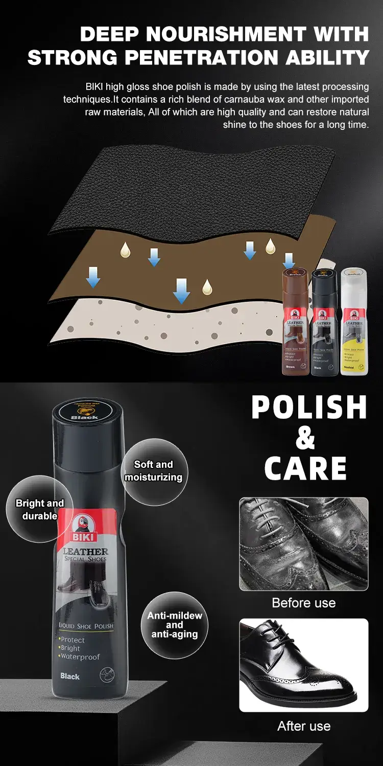 Advanced high-gloss technology formula within BIKI BK8830 liquid shoe polish ensures deep leather moisturizing and persistent brightness.