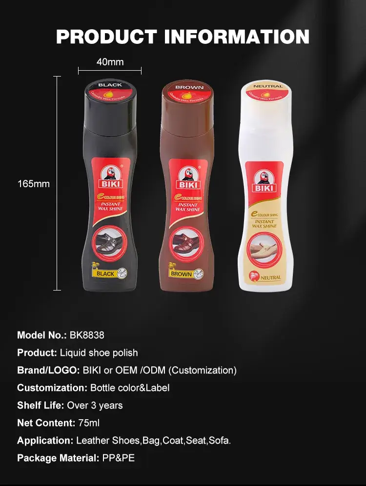 Export dimensions, shelf life, and wholesale details for BIKI BK8838 75ml liquid shoe polish measuring 40mm by 25mm by 165mm.