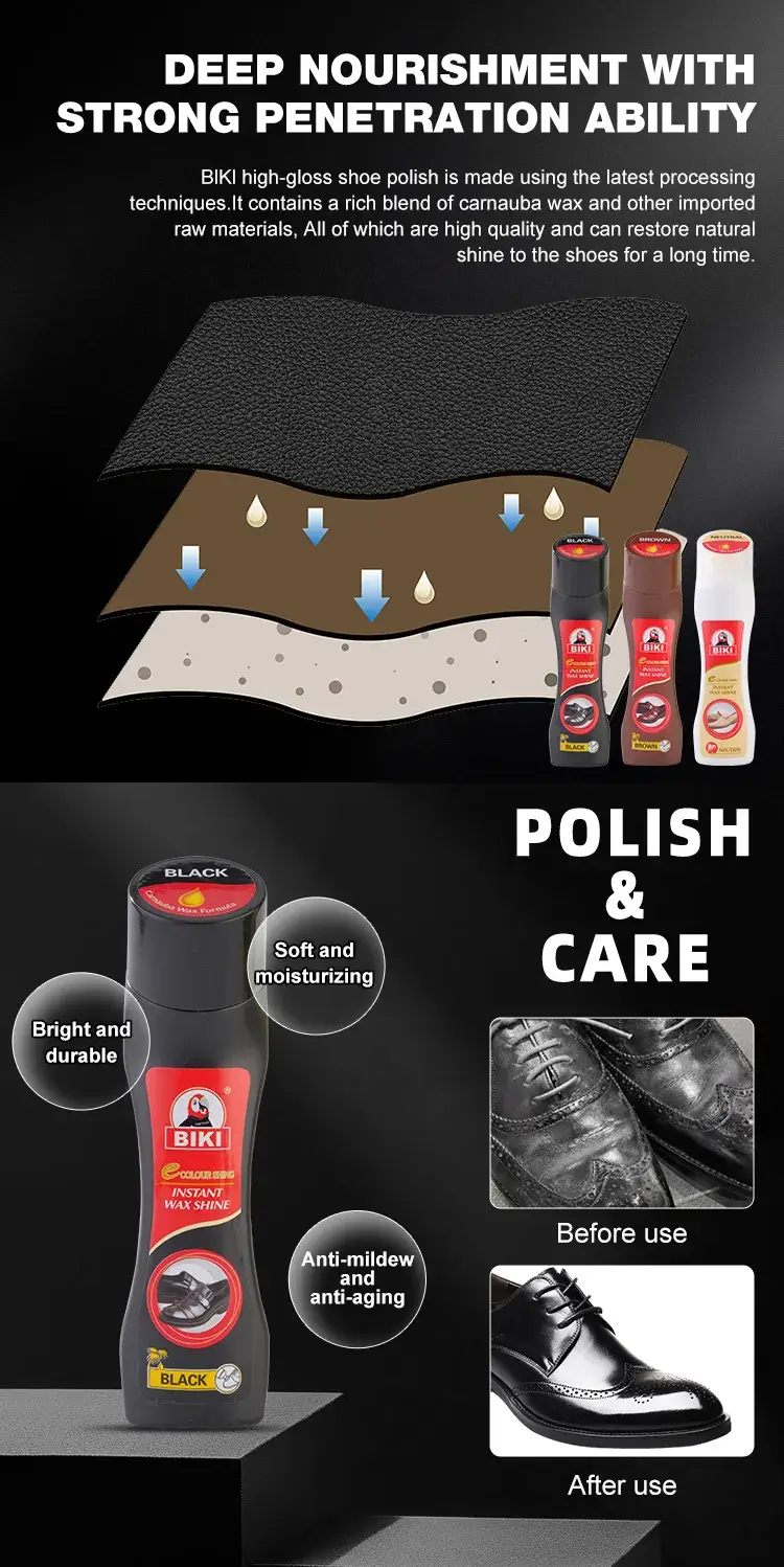 High-gloss leather maintenance technology within BIKI BK8838 liquid shoe polish for persistent brightness and softness.