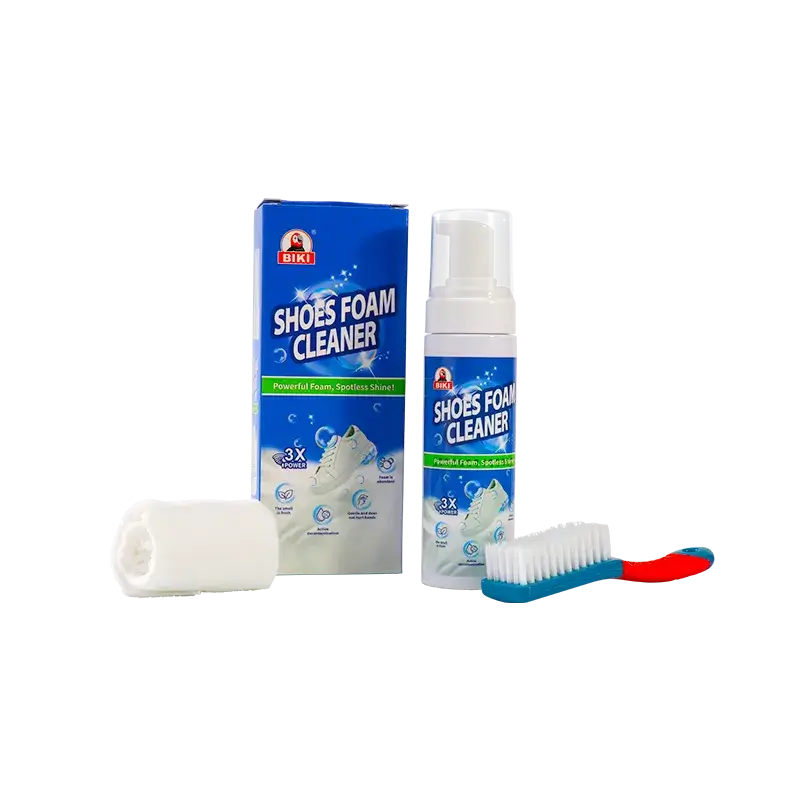 Biki BK2200 complete sneaker cleaning kit including premium foaming cleanser, a scrub brush, and a microfiber towel.