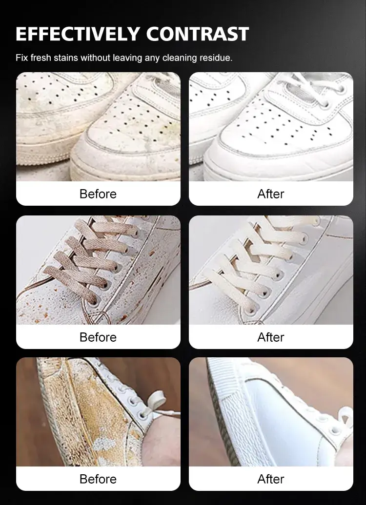 Before and after visual demonstration showcasing flawless dirt removal and whitening results on sports shoes via BIKI BK2200 kit.