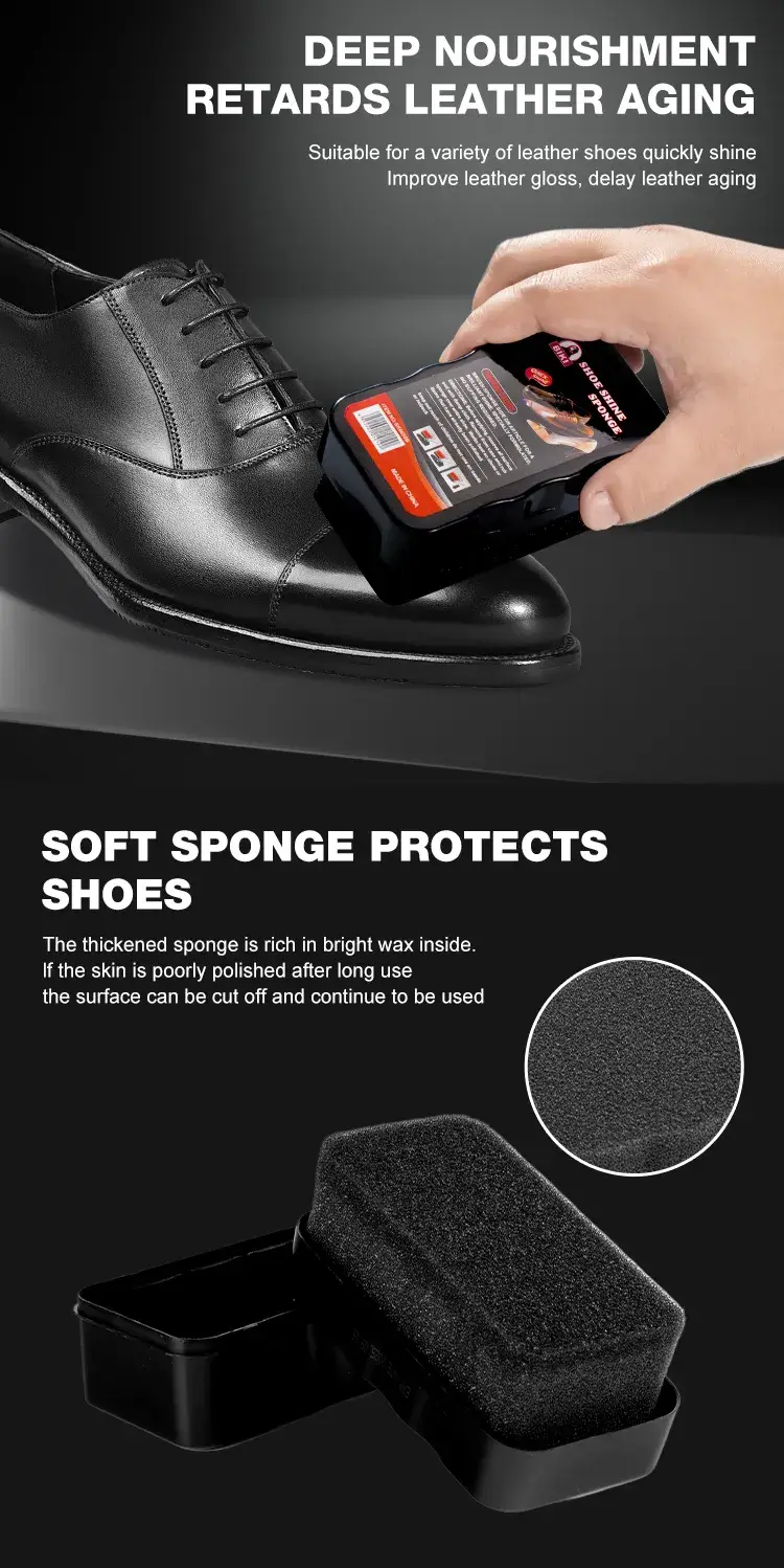 Soft shoe shine sponge BK6650B infused with liquid shine polish to gently condition leather without scratching.