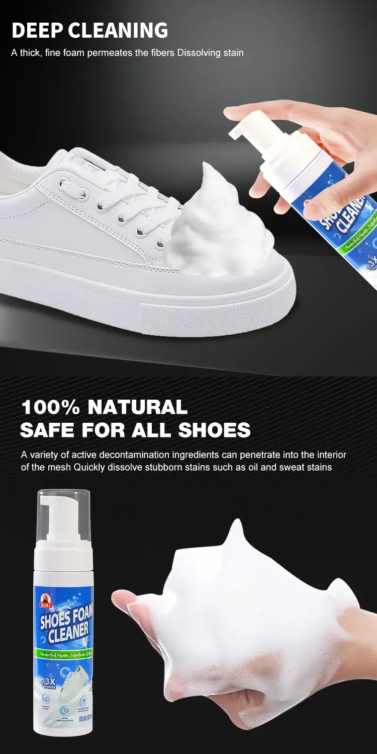 Instant foaming action of BIKI BK2200 waterless shoe maintenance set utilizing a mild formula safe for hands and materials.
