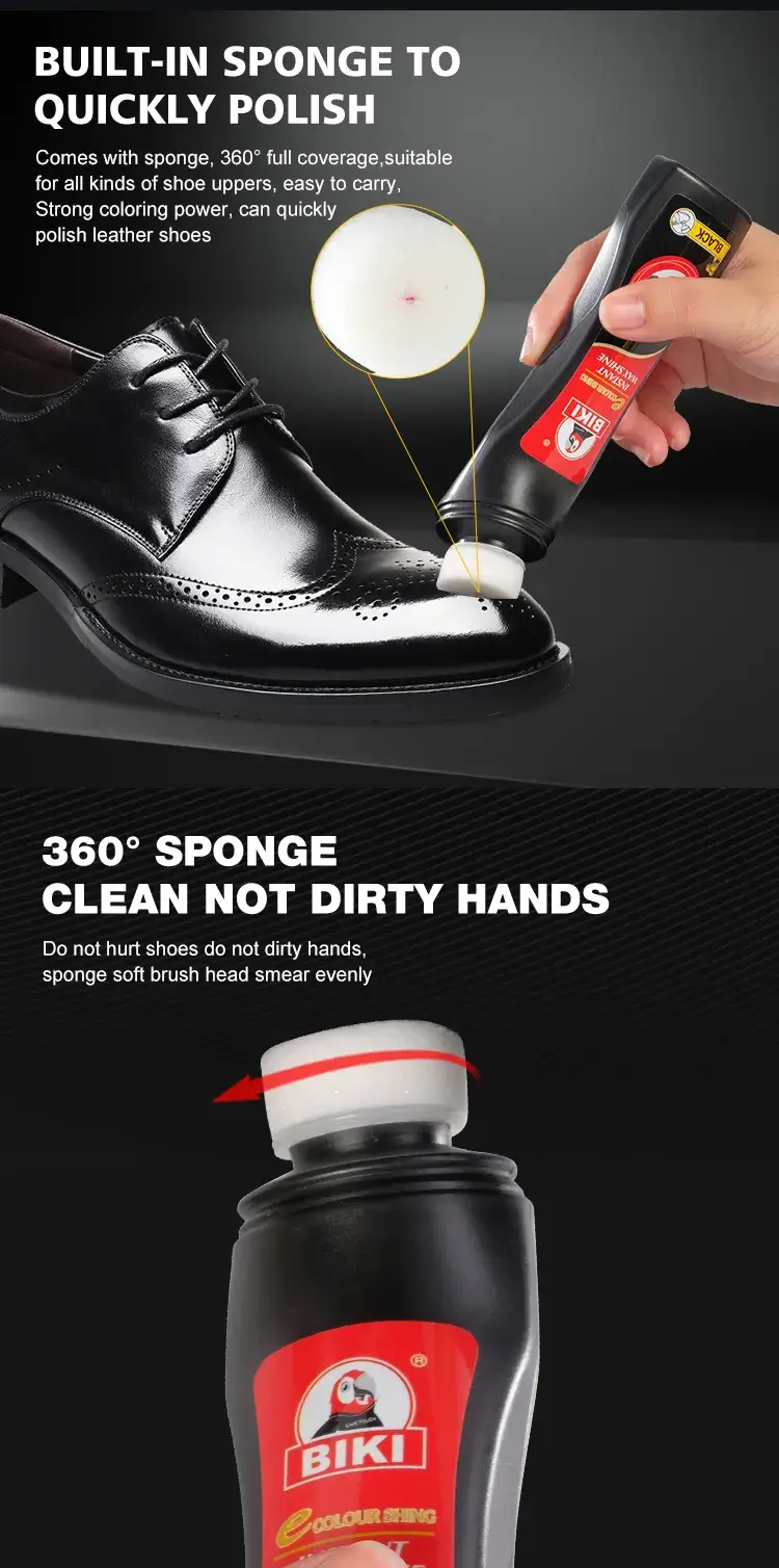 BIKI BK8838 liquid shoe polish with a 360-degree soft buffing sponge that thoroughly covers footwear without messing up hands.