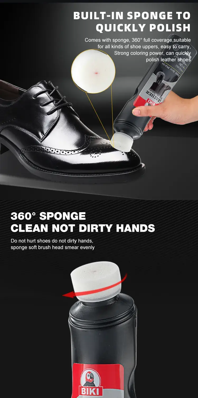 BIKI BK8830 liquid shoe polish features a built-in applicator sponge for 360-degree buffing without dirtying hands.