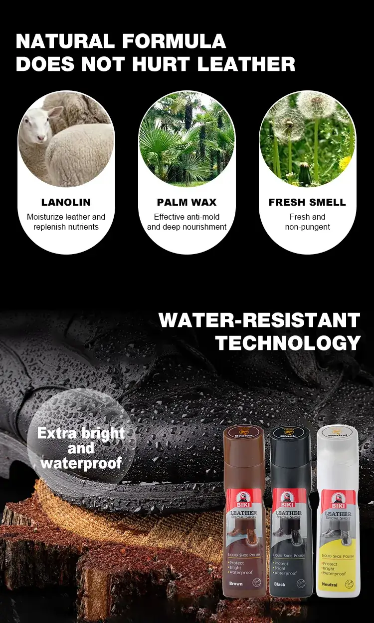 BIKI BK8830 liquid shoe polish formulated with natural lanolin and carnauba wax to nourish leather and prevent mold.