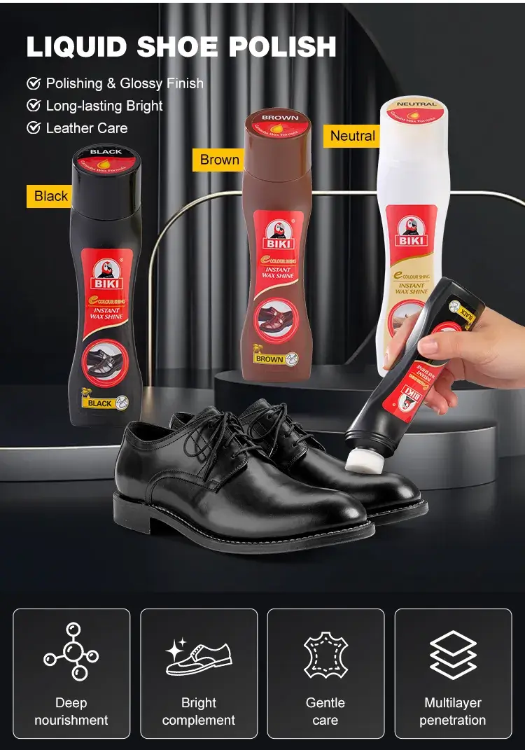 Deep moisture conditioning, color enhancement, and long-lasting gloss effects delivered by BIKI BK8838 liquid shoe polish.