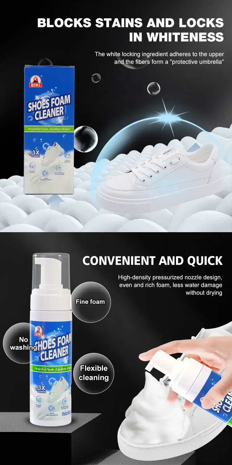 BIKI BK2200 sneaker grooming pack featuring high-efficiency stain-dissolving factors that lift dirt when paired with a scrub brush.