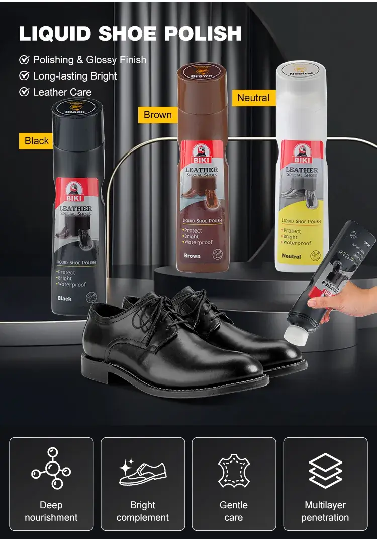 BIKI BK8830 liquid shoe polish provides deep color restoration, long-lasting gloss, and waterproof protection for smooth leather.