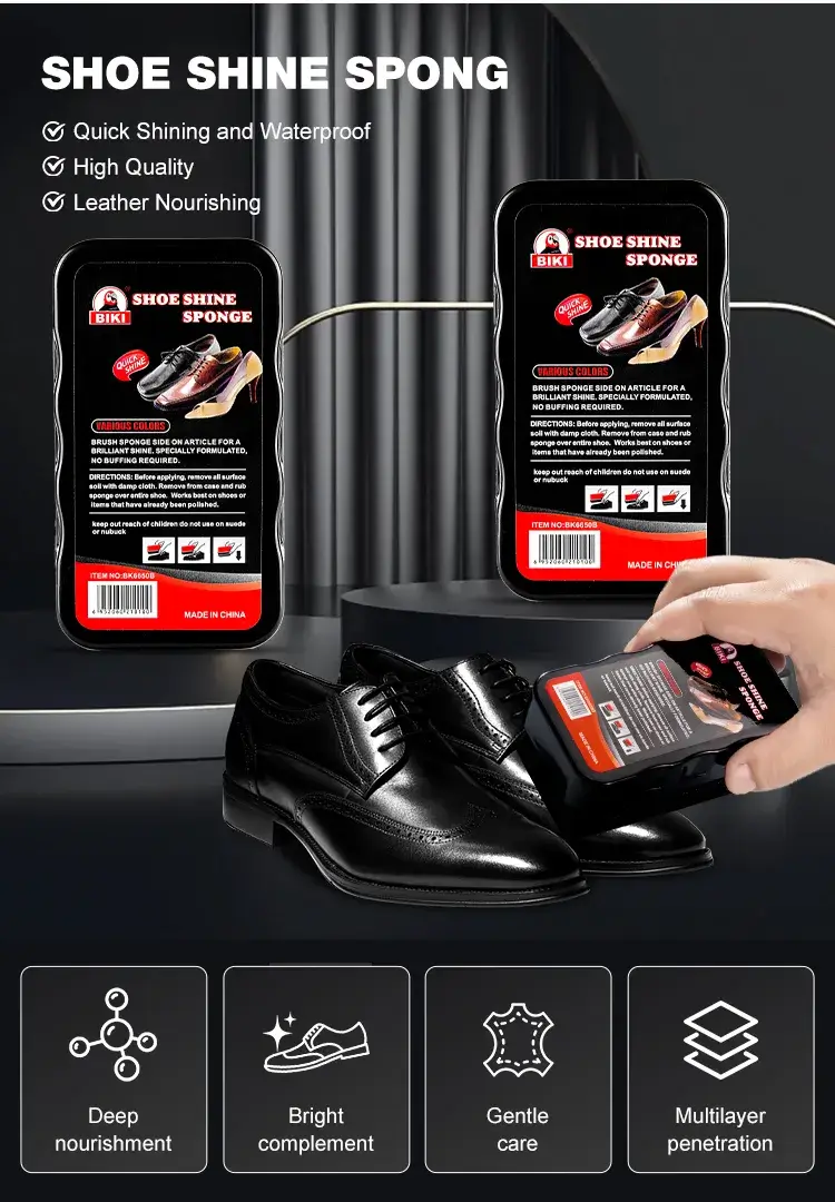 Deep color restoration and waterproof leather protection effects achieved using BIKI BK6650B instant shoe shine sponge.