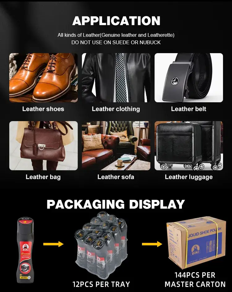 BIKI BK8838 liquid shoe polish versatility chart for jackets and bags, featuring packing specifications of 12 units per pack and 144 per carton.