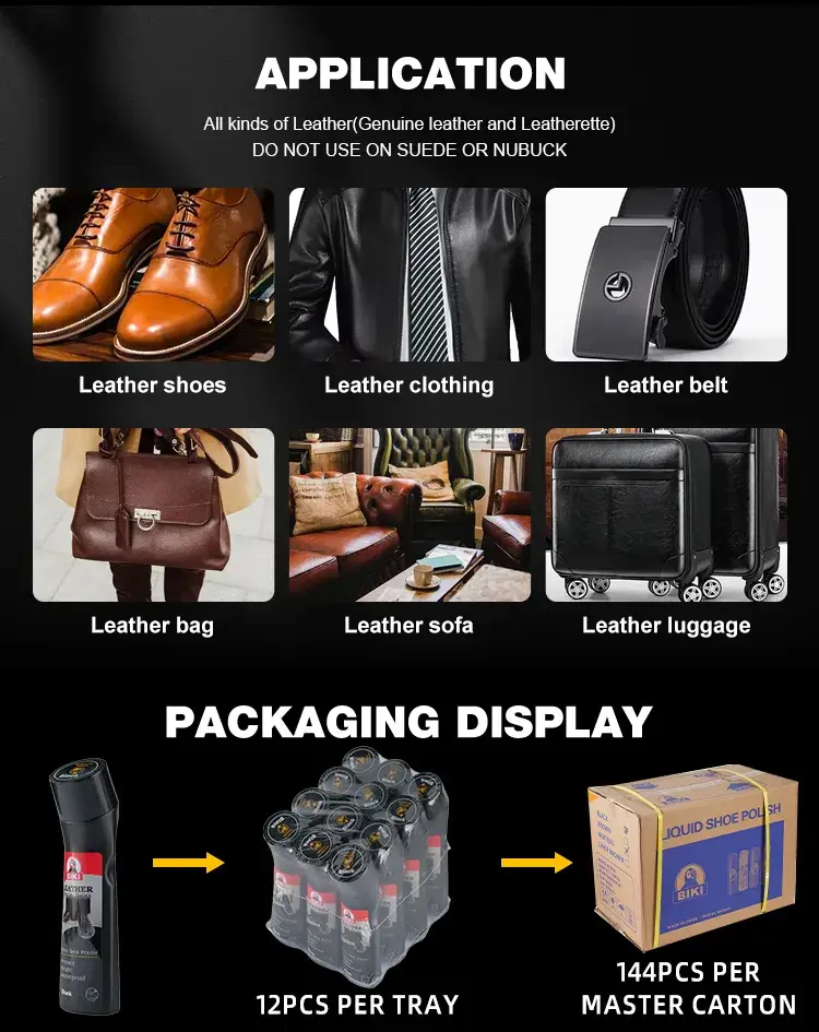 BIKI BK8830 liquid shoe polish universal leather compatibility chart with bulk packing info of 12 bottles per pack and 144 units per carton.