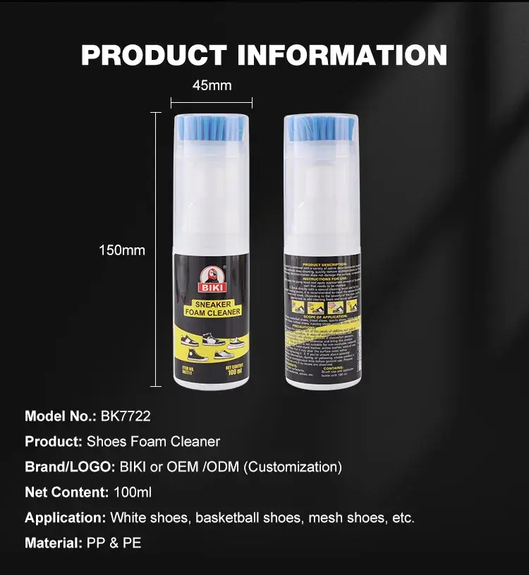 Product specifications and dimensions of Biki BK7722 100ml foam shoe cleaner including custom manufacturing details.