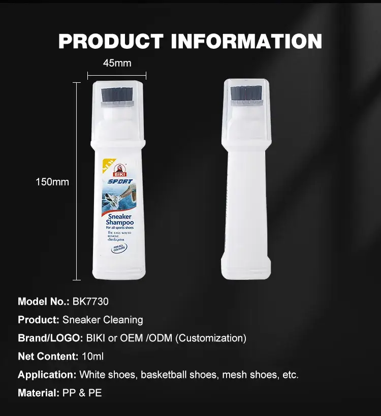 Product specifications and dimensions of Biki BK7730 100ml sneaker cleaning bottle with custom order info.