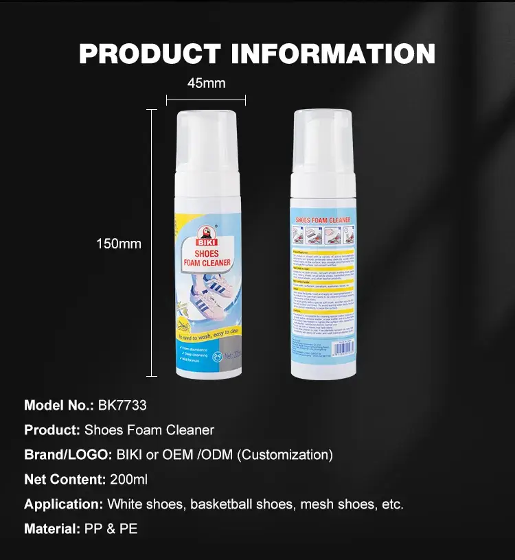 Detailed bulk ordering specifications and 150mm by 45mm dimensions for BIKI BK7733 200ml large capacity shoes foam cleaner.
