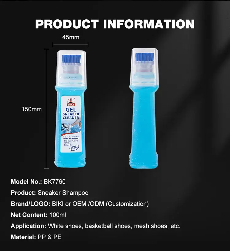 Export specifications and 150mm by 45mm dimensions for BIKI BK7760 200ml travel-size sneaker shampoo liquid.