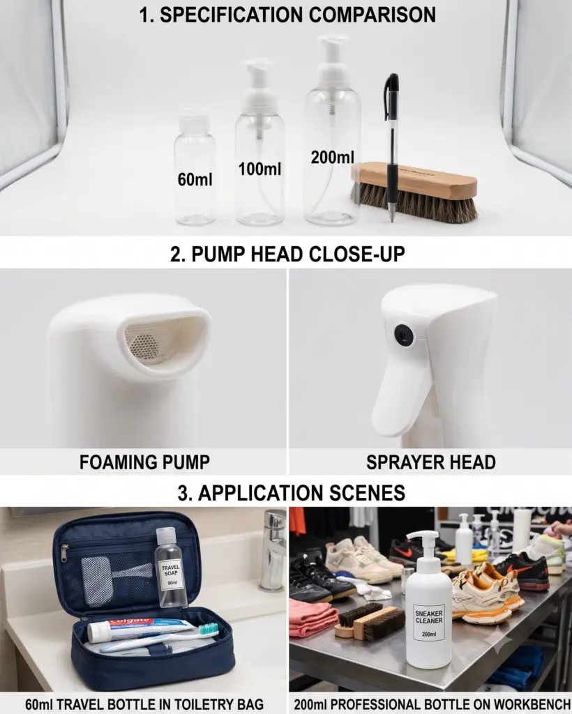 Infographic showing 60ml, 100ml, and 200ml bottle size comparisons, close-ups of foaming and spray pump heads, and usage scenes in a travel bag vs. a sneaker cleaning workbench.