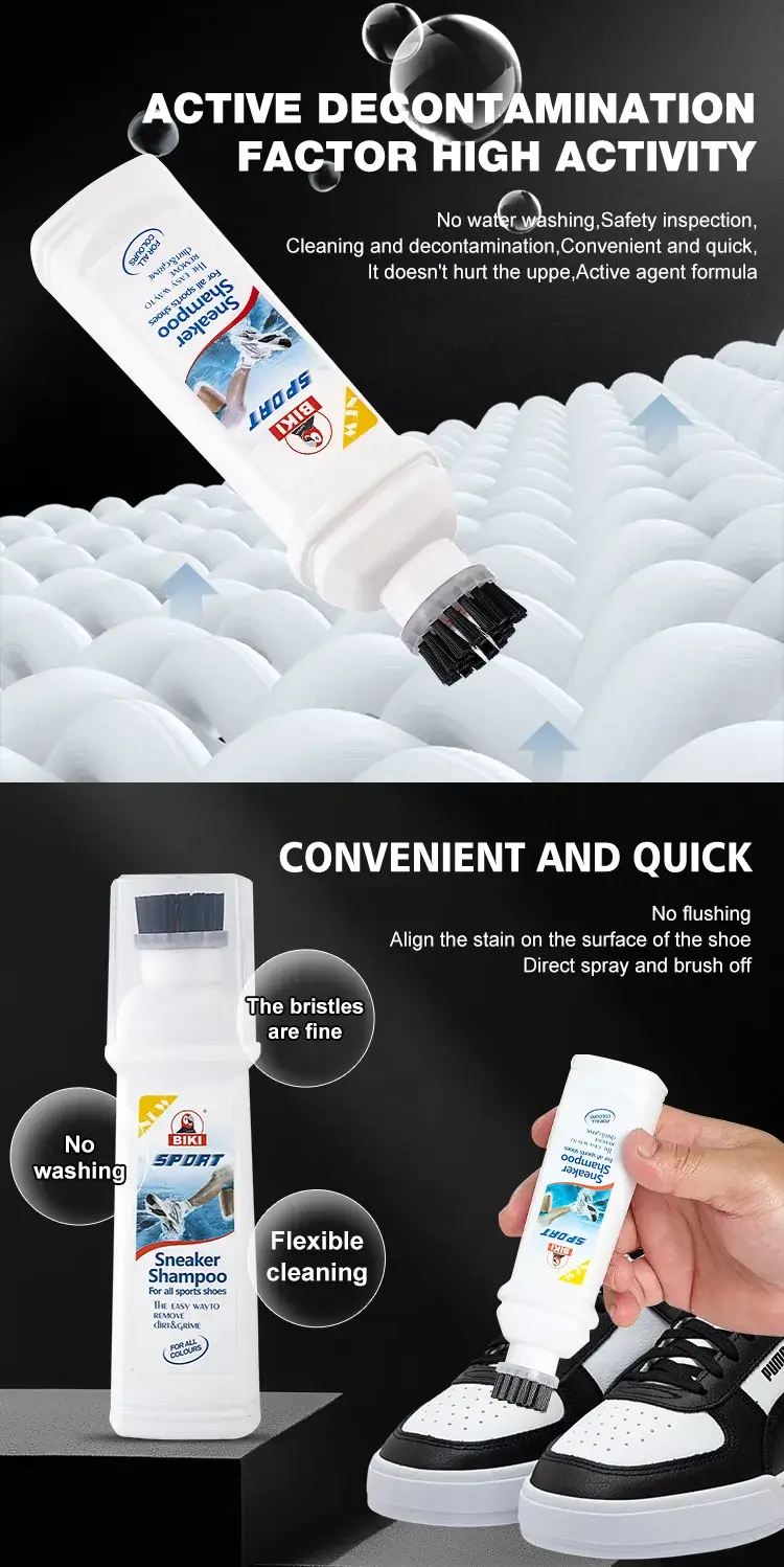 Biki BK7730 sneaker cleaning liquid with high-efficiency active stain removal factor formula.