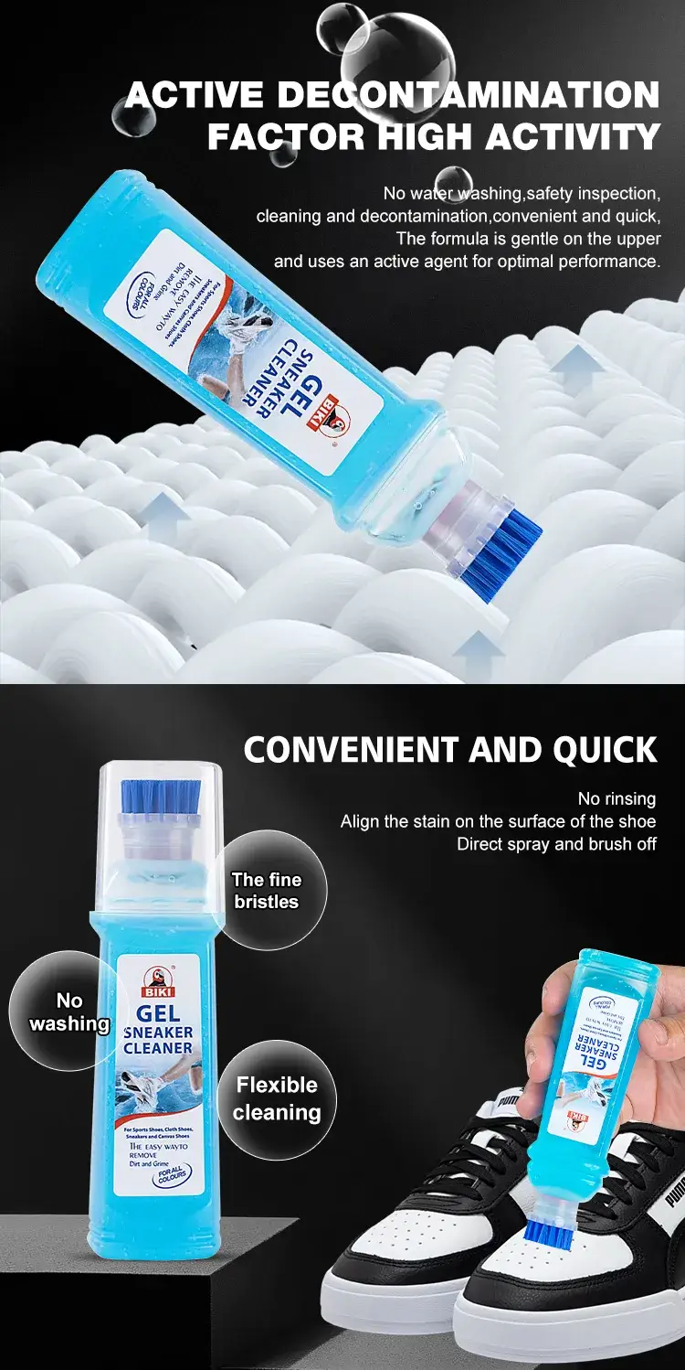 BIKI BK7760 sneaker shampoo formulated with advanced stain-lifting active factors that target heavy oil and dirt.