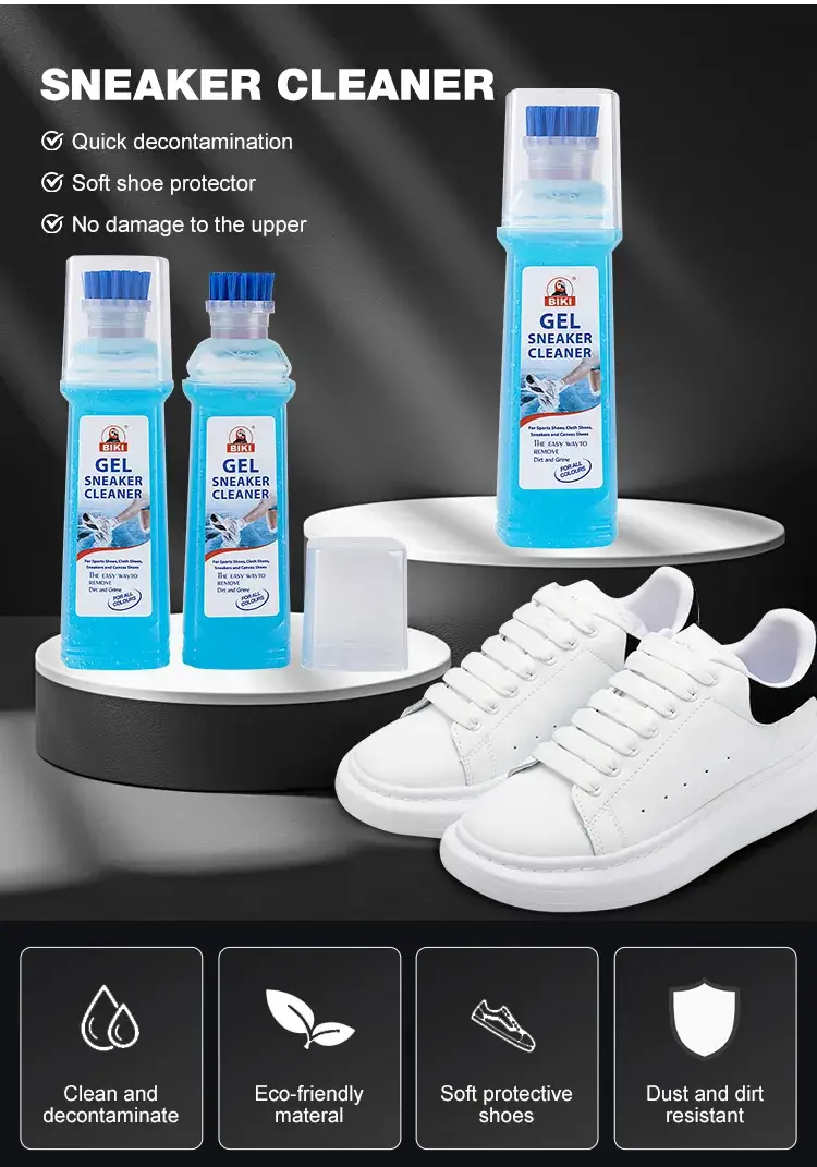 BIKI BK7760 liquid sneaker shampoo comes with an all-in-one applicator brush for rapid mud and grime removal.