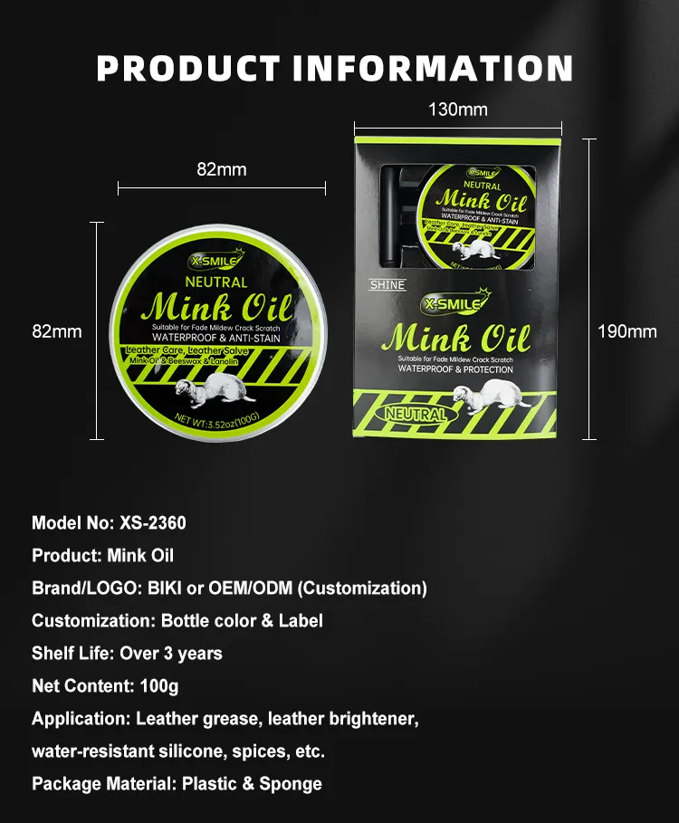 Detailed B2B product information sheet showing the 100g mink oil kit dimensions, 3-year shelf life, and OEM/ODM customization options.