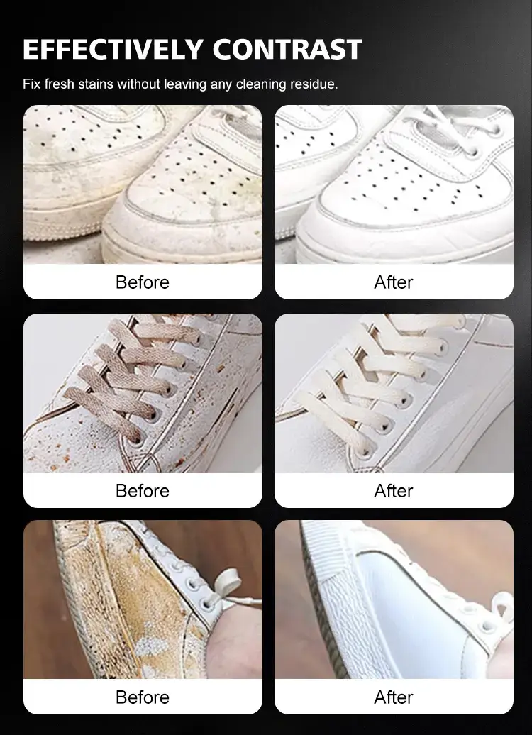 Before and after cleaning comparison showing excellent stain removal results using Biki BK7715 foam shoe cleaner.