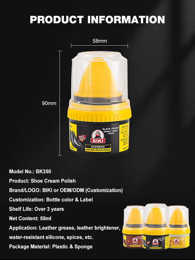 Commercial specifications for BIKI BK350 50ml shoe cream showing durable PP/PE rigid hard-case dimensions, integrated sponge applicator, and private label templates.