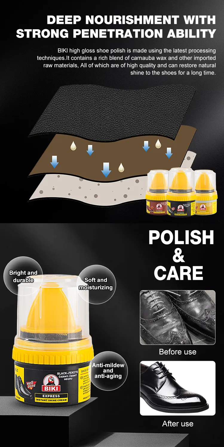 Premium glossy formulation of BIKI BK350 shoe cream featuring enriched carnauba wax elements that rapidly sink into smooth leather for an organic shine.