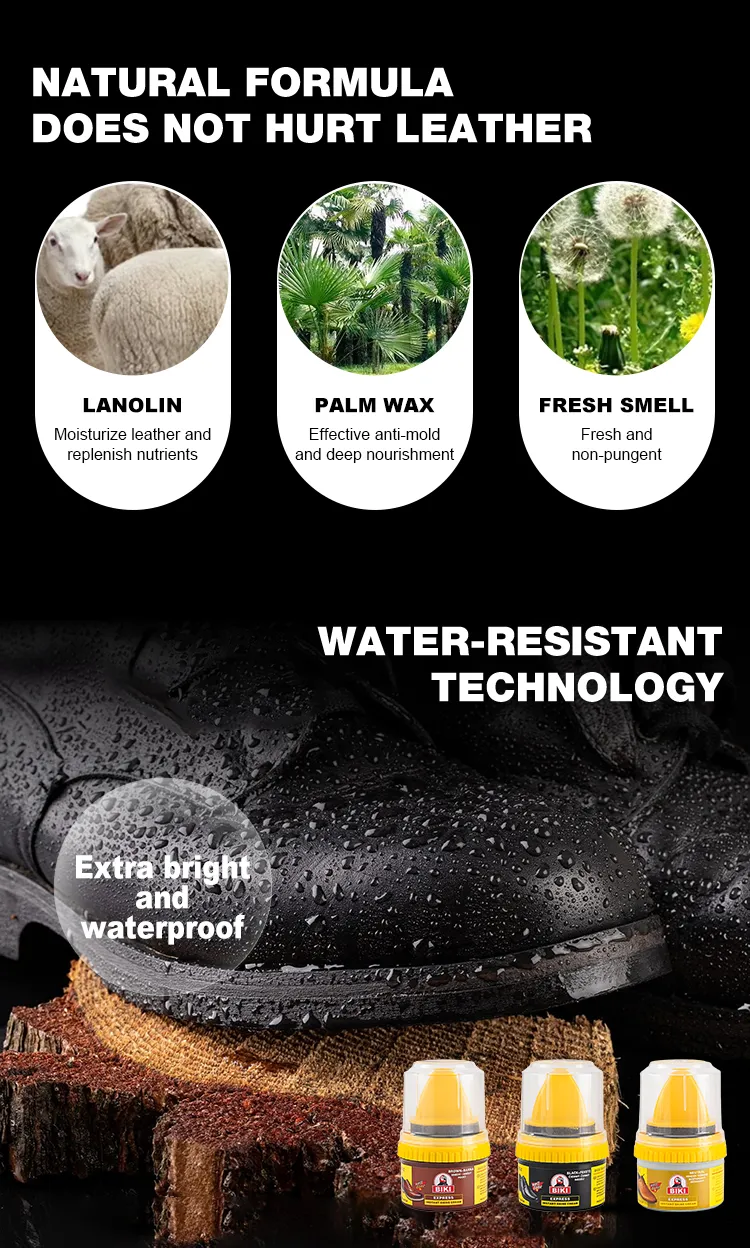 Skin-safe chemical composition of BIKI BK350 shoe paste blending a protective lanolin base with water-repellent and anti-mold shield factors.