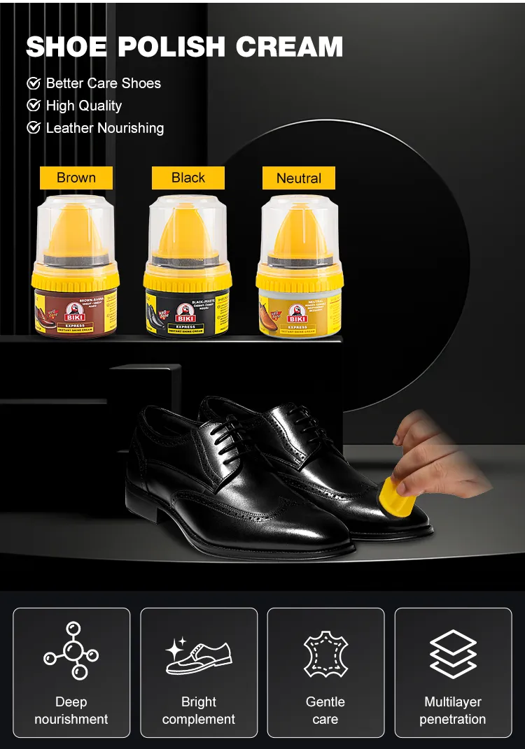 Functional profile of BIKI BK350 shoe polish showcasing its innovative messy-free built-in sponge, intense leather conditioning, and color revival layers.