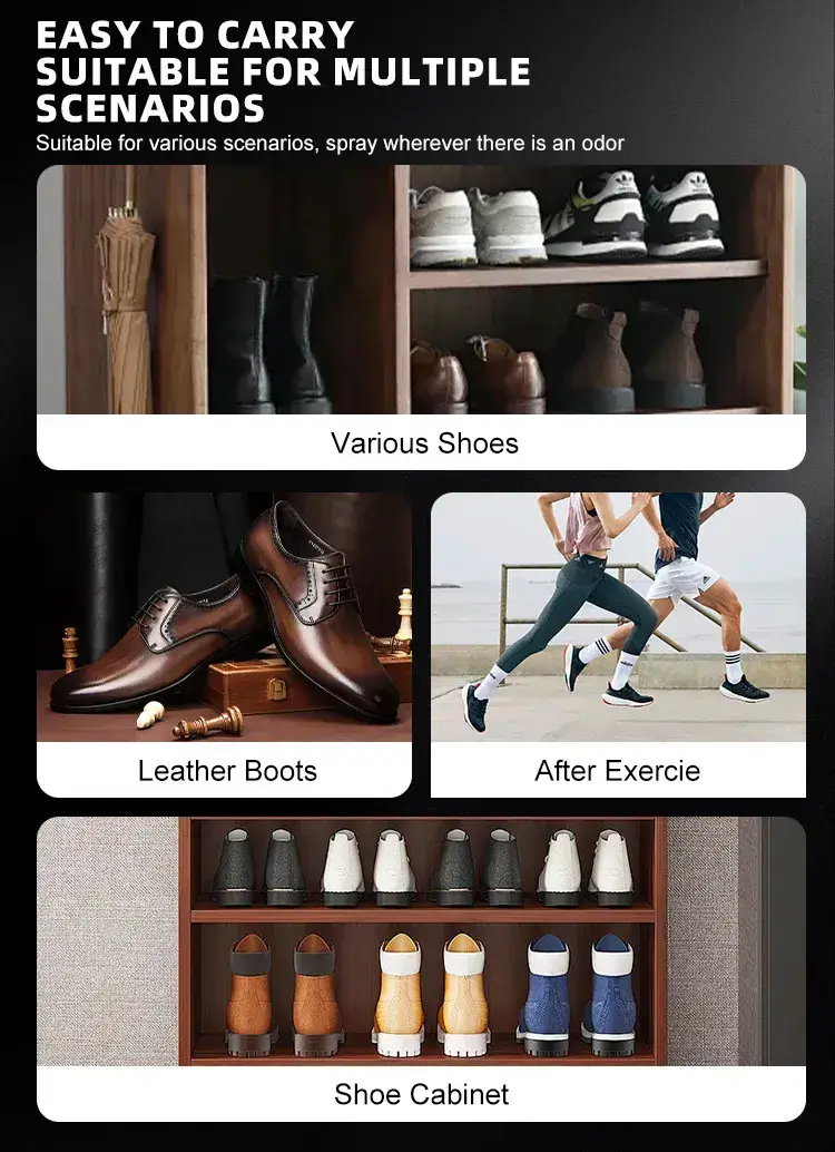 Multi-scene applicability of BIKI TB787 spray, highly portable for leather boots, sneakers, home shoe cabinets, and post-exercise freshness.