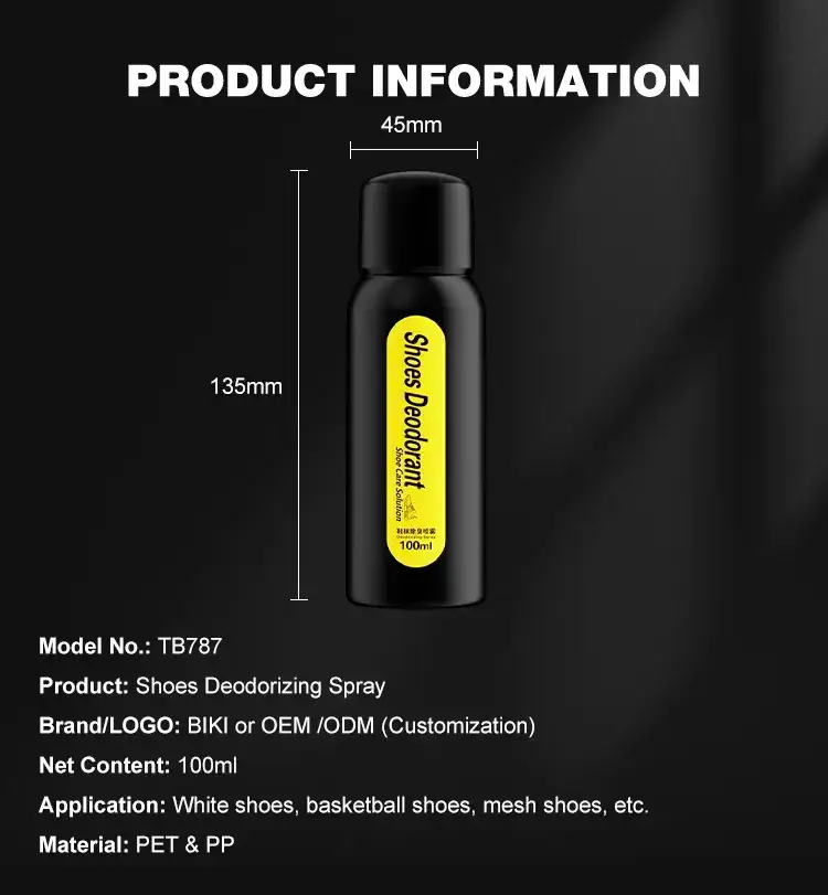 4-step simple application guide for BIKI TB787 shoe spray: shake well, press and spray inward, let air dry, and wear.