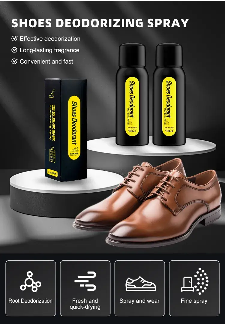 Key functions of BIKI TB787 shoe odor spray highlighting fine atomized mist, instant dry formula, and targeted root deodorization.