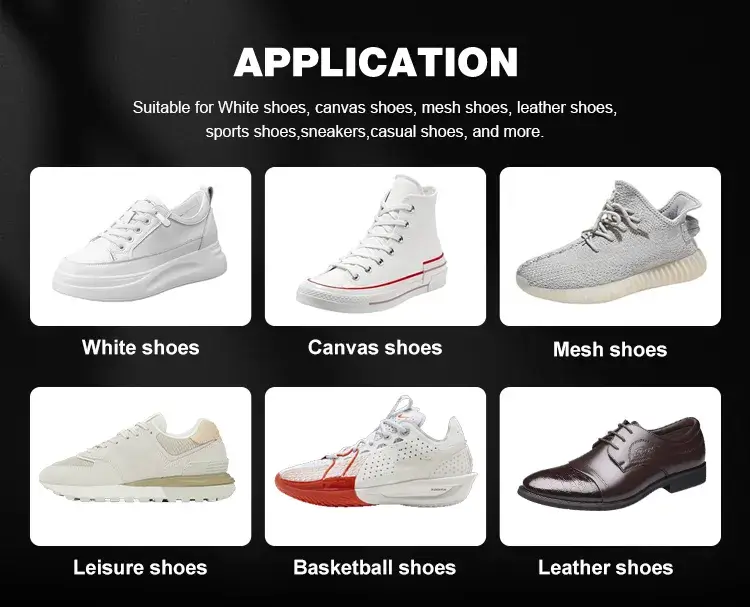 Extensive material compatibility of BIKI TB787 shoe freshener, perfect for white shoes, canvas, mesh sneakers, dress leather, and casual boots.