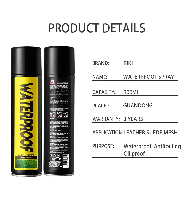 Product specifications table for BIKI TB210 300ml waterproof spray with a 3-year shelf life, suitable for leather and suede.