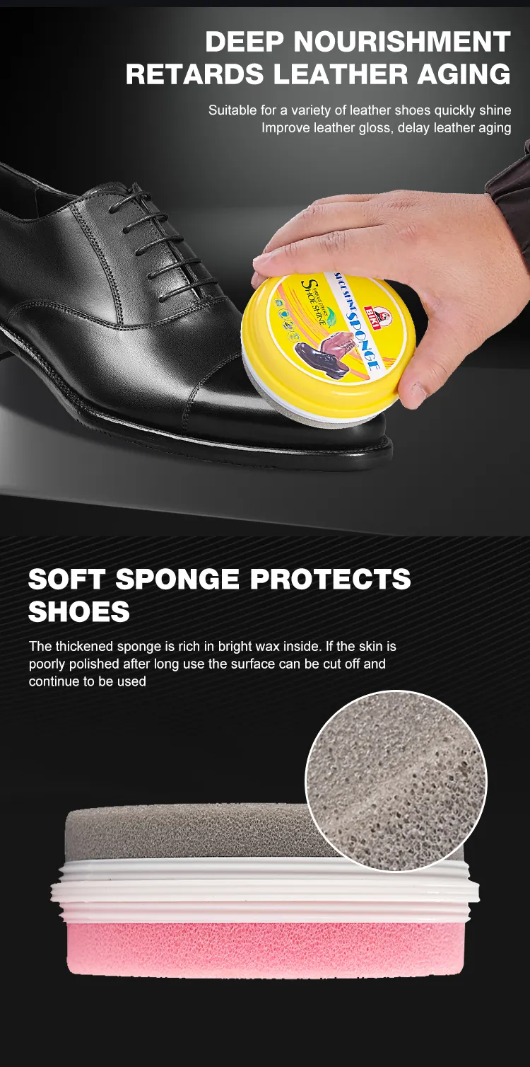 The BIKI BK6600 round shoe shine sponge applying silicone oil evenly to smooth leather, helping nourish, soften, and protect the leather surface without scratching.