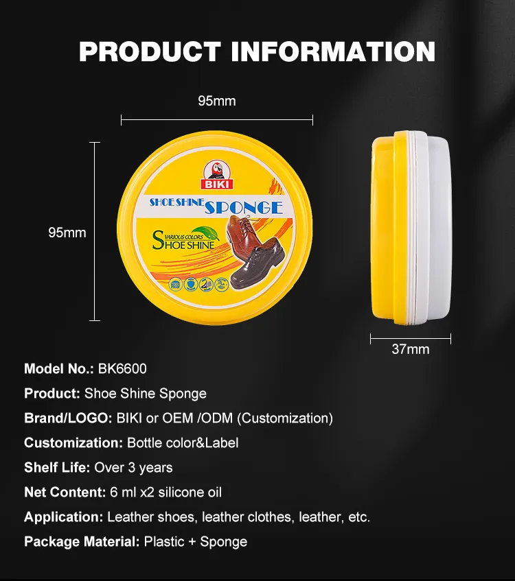 Product specification chart of the BIKI BK6600 round dual-sided shoe shine sponge, showing dimensions, silicone oil content, packaging details, and OEM customization options.