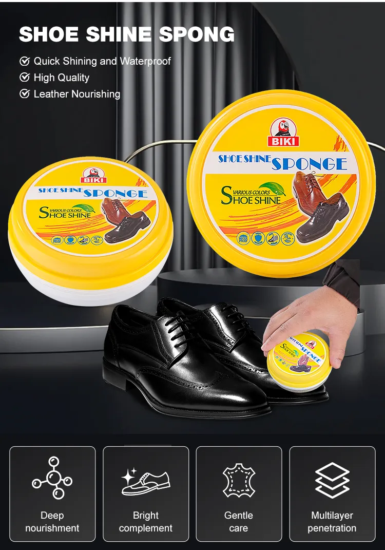 A smooth leather shoe polished with the BIKI BK6600 round dual-sided shoe shine sponge, showing an instant glossy finish, richer color, and refreshed appearance.