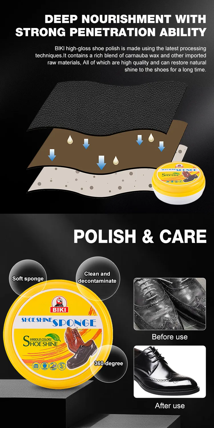 Close-up of the BK6600 dual-sided shoe shine sponge restoring shine while removing dust and conditioning smooth leather for long-lasting protection.