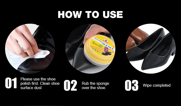 Step-by-step guide showing how to clean the leather surface, polish with the BIKI BK6600 round dual-sided shoe shine sponge, and allow the leather to dry naturally.