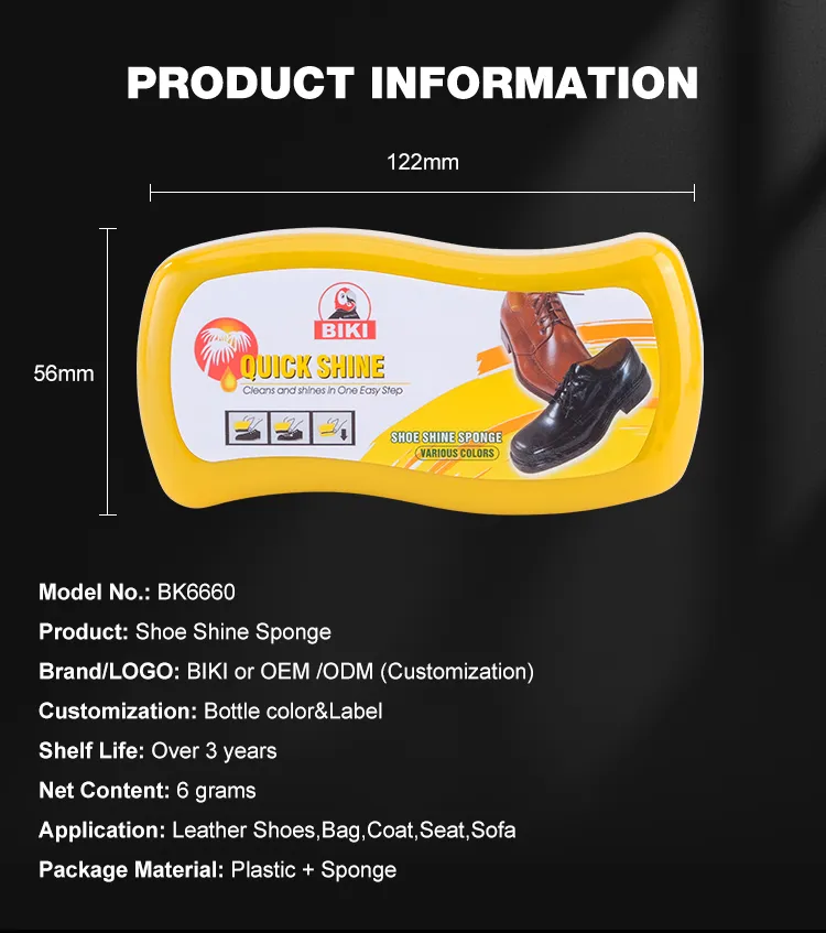 Technical specifications of Shoe Shine Sponge BK6660, including product dimensions, sponge structure, silicone oil content, and OEM private label options.