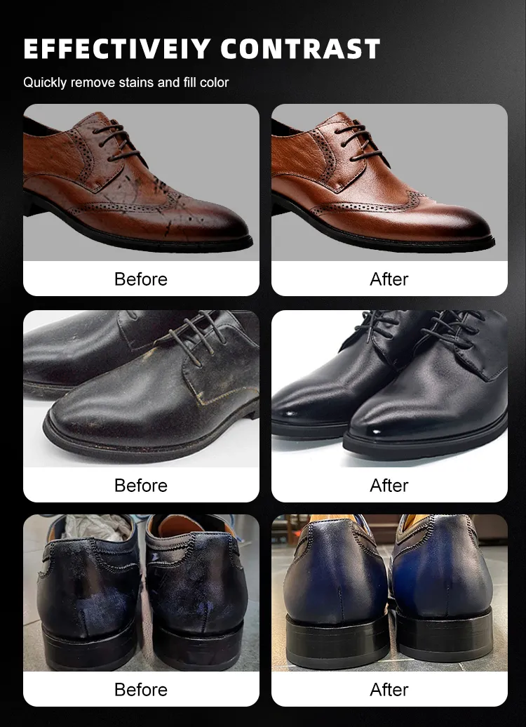 Before and after comparison of leather shoes treated with Liquid Shoe Polish BK8822, demonstrating improved shine, richer color, and a refreshed finish.