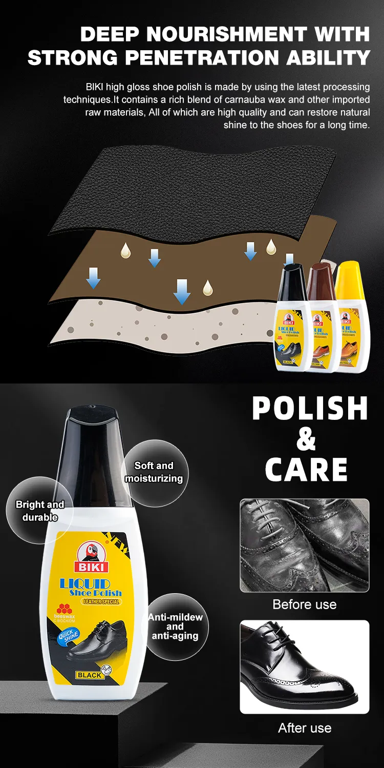 Liquid Shoe Polish BK8822 deeply conditions leather, helps retain moisture, and provides a durable high-gloss finish for everyday leather maintenance.