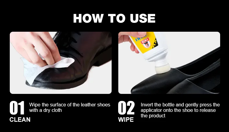 Step-by-step guide showing how to clean the leather surface and apply BIKI Liquid Shoe Polish BK8822 with the built-in sponge applicator for fast polishing.