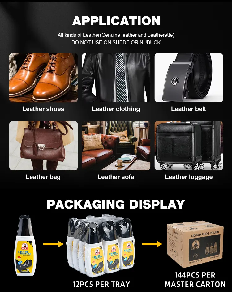BIKI Liquid Shoe Polish BK8822 is suitable for smooth leather shoes, bags, belts, jackets, sofas, and luggage, with export packaging of 12 bottles per pack and 144 bottles per carton.
