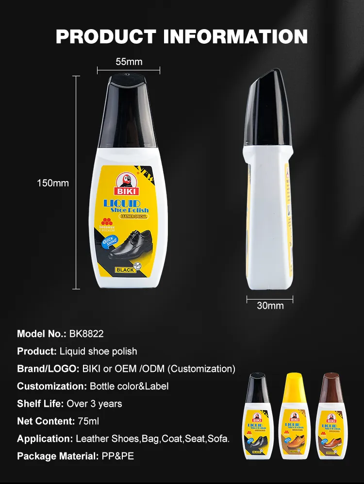 Product specifications for BIKI Liquid Shoe Polish BK8822, including bottle dimensions, color options, shelf life, material information, and OEM customization details.