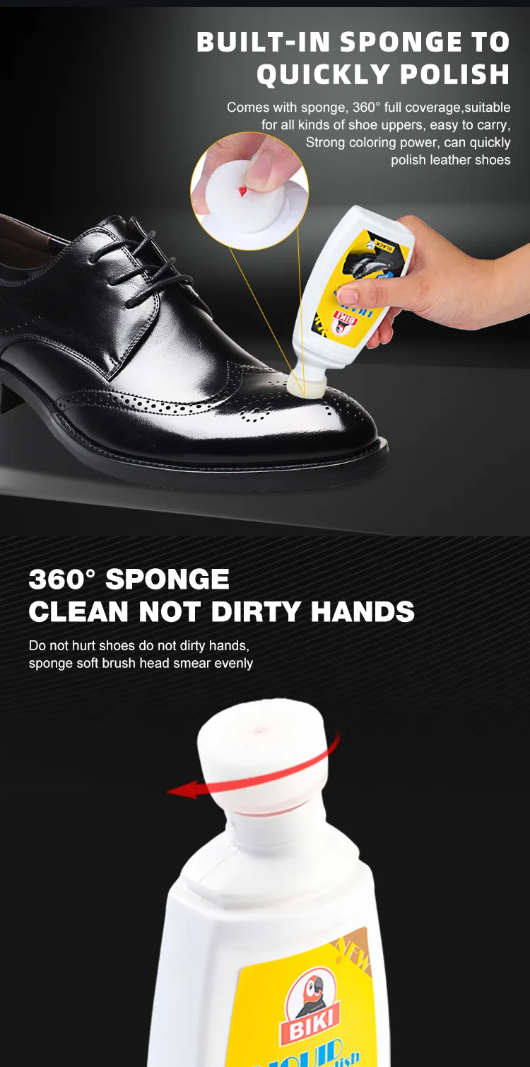 BIKI Liquid Shoe Polish BK8822 features an integrated sponge applicator that evenly distributes polish for quick, mess-free leather care without damaging the surface.